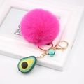 Detail of rose red pompom keychain with blue bell and resin avocado charm on gold ring - Avocado Keychain / Rose Red