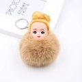 Porte-clés pompon tête de poupée avec chignon jaune et boule de fourrure camel - Khaki
