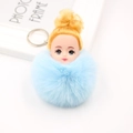 Porte-clés poupée endormie avec pompon en peluche bleue et cheveux dorés pour sacs à main - Rose bonbon