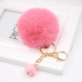 Close-up of pink faux rabbit fur pompom keychain with golden clasp and matching bell - Deep Pink