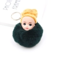 Détail d'un porte-clés poupée avec pompon en fausse fourrure vert foncé et cheveux dorés - Vert Foncé