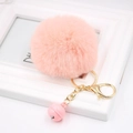 Pink faux rabbit fur pom pom keychain with gold lobster clasp and bell for handbags - Pink