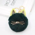 Detailed view of dark green plush cat keychain with sparkling ears and golden whiskers - Dark Green