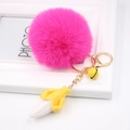 Creative rose red faux fur pompom keychain with yellow banana pendant and golden clasp - Rose Red
