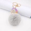 Cute unicorn keychain with grey faux fur pom pom and gold metal lobster clasp - Gold Keychain / Light Gray