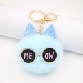 Light blue faux fur cat ball keychain with glitter ears and meow sunglasses decor - Light Blue