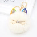 Cute white plush cat pompom keychain with colorful gradient ears and golden hardware - Colored Ear Cat / Off White