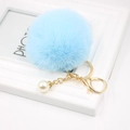 Light blue faux fur pompom keychain with white pearl accent and golden lobster clasp - Light Blue