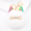 Weiße flauschige Katzen-Pompom-Schlüsselanhänger mit Ohren im Farbverlauf und Herz - Katze mit farbigen Ohren / Weiß