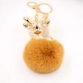 Porte-clés renne doré avec pompon marron moelleux et attache à ressort circulaire dorée - Café