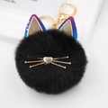 Süßer schwarzer Plüsch-Katzenkopf-Schlüsselanhänger mit lila Ohren und Goldhaken - Katze mit farbigen Ohren / Schwarz