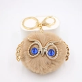 Gros plan du porte-clés chouette en peluche avec cadre doré et yeux en bijoux bleus - Porte-clés Doré / Khaki