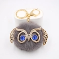 Gros plan détaillé du porte-clés chouette en peluche gris foncé avec des yeux bleus - Porte-clés Doré / Gris foncé