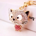 Cute cartoon cat keychain with sparkling rhinestones and gold metal lobster clasp - Pink