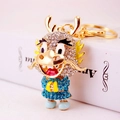 Cartoon Chinese dragon zodiac keychain with inlaid crystals and gold finish on white background - Blue