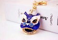 Blauwe Chinese leeuwendans sleutelhanger met strassteentjes en gouden metalen ketting - Blauw