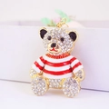 Creative striped bear keychain with sparkling rhinestones and gold metal plating for bags - Red