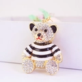 Creative rhinestone teddy bear keychain with black and white striped shirt and gold finish - Black