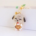 Porte-clés chien mignon en métal avec strass et signe de chance, finition or - Marron
