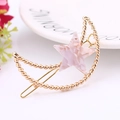 Pink marble star and golden moon crescent hair clip with twisted metal texture - Star & Moon / Moon Pink