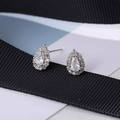 Detail view of S925 sterling silver water drop stud earrings with halo zircon setting - Drop Shape (200013) / Drop Silver