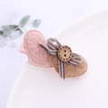 Barrette à cheveux cœurs rose et marron avec nœud en velours gris et bouton bois - Rose Café