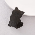Nahaufnahme einer minimalistischen schwarz-silbernen Katzen-Haarklammer auf Textur - Glänzend Tiefschwarz Stil / Reines Schwarz