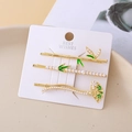 Chinese style hair clips set with bamboo pearls and green enamel on gold metal finish - Bamboo Set