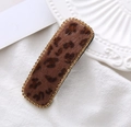 Close-up of velvet leopard print BB clip with champagne rhinestones and metal base - Rectangular (Single) / Dark Coffee