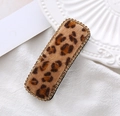 Close-up of leopard print velvet hair clip with sparkling rhinestone edge on white cloth - Rectangular (Single) / Khaki