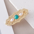 Fermaglio vintage dorato con turchese e perle bianche dal design a filigrana cava - Oro Traforato Turchese Perla