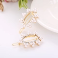 Elegant gold bow hair clips set with white pearls and sparkling rhinestones - Small Flower Gold