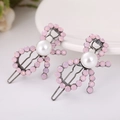 Pink rhinestone bow hair clips with pearls and black wavy snap metal base in a set of two - Bowknot 2 Gun Black