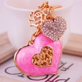 Roze marmeren emaille hart sleutelhanger met strass steentjes en gouden roos charme - Roze