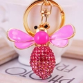 Creative rhinestone bee keychain with pink enamel wings and golden swivel hook - Pink