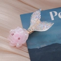Pink resin flower and iridescent fishtail hair clip with pearls and rhinestones - Rose Pink Mermaid Tail Style