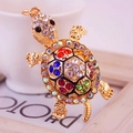 Creative crystal encrusted turtle keychain with colorful rhinestones on golden metal - Colorful