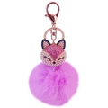 Plush fox head keychain with light purple faux fur ball and rose gold metal hardware - Powder Blue And Peach Red