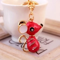 Red enamel mouse zodiac keychain with gold alloy finish and sparkling rhinestones - Red