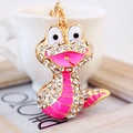 Pink enamel snake keychain with sparkling rhinestones and gold-plated alloy ring - Pink