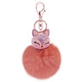 Pink faux fur pompom fox keychain with rose gold spring clasp and sparkling rhinestones - White and Coffee