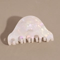 Detailed macro view of pearlescent marble acetate hair claw clip with golden lettering - Iridescent White