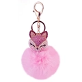 Pink plush fox keychain with sparkling rhinestones and golden metal ring - Pink And Light Pink