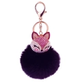 Deep purple fluffy fur pompom keychain with a sparkling pink rhinestone fox head design - Pink And Black