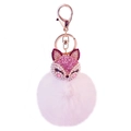 Pink faux fur pompom fox keychain with sparkling rhinestones and rose gold lobster clasp - Pink and White
