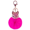 Fuchsia pompom fox head keychain with pink rhinestones and gold lobster clasp - Pink And Rose Red