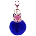 Fox head faux fur pompom keychain with rhinestones and pearls in rose gold finish - Powder Blue And Dark Blue