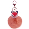 Pink orange faux fur fox keychain with sparkling rhinestones and a pearl accent - Red Fox Head + Coffee Fur Ball