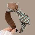 Houndstooth bow headband with silver rhinestones and vintage patchwork design - Green & Brown
