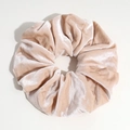 Champagne velvet scrunchie hair tie with high elasticity and soft glossy texture - Nude